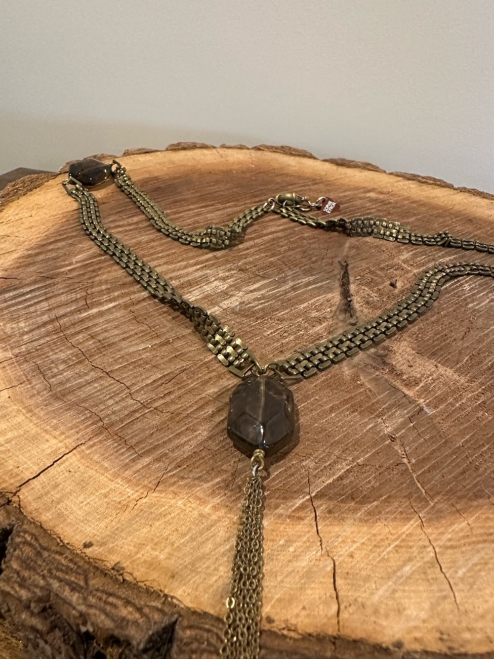 Antique Brass Chain Necklace with Brown Stone Pendant